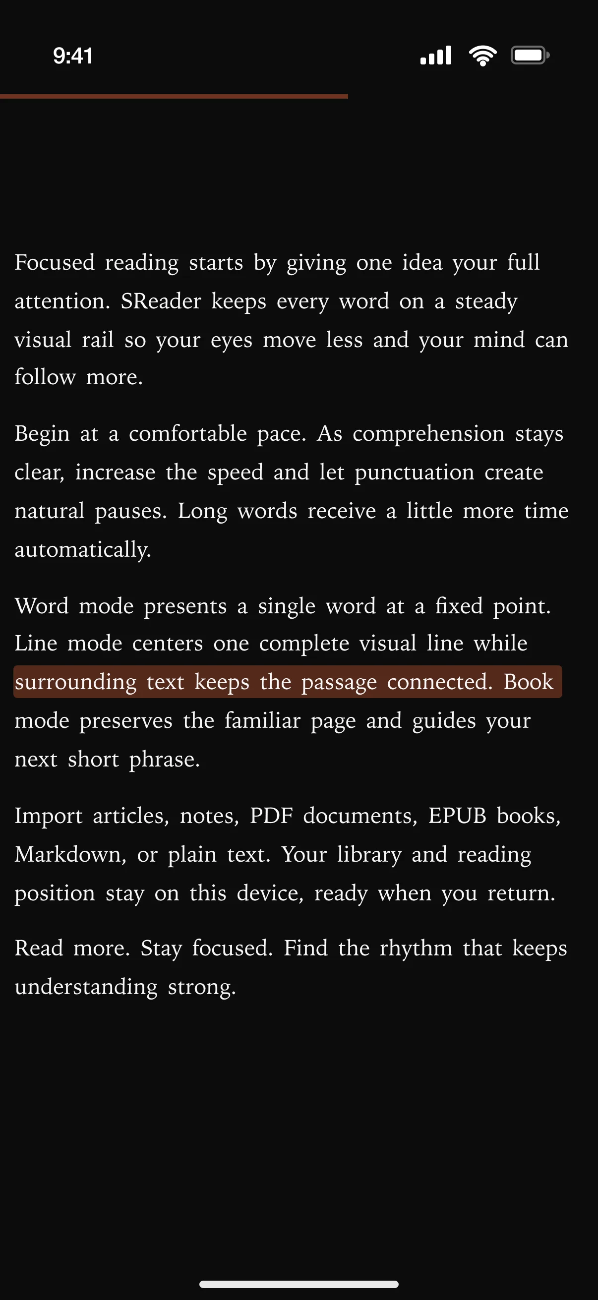 SReader in Full mode on iPhone: only the text, with the highlighted line held in the middle of the screen and no bars or buttons