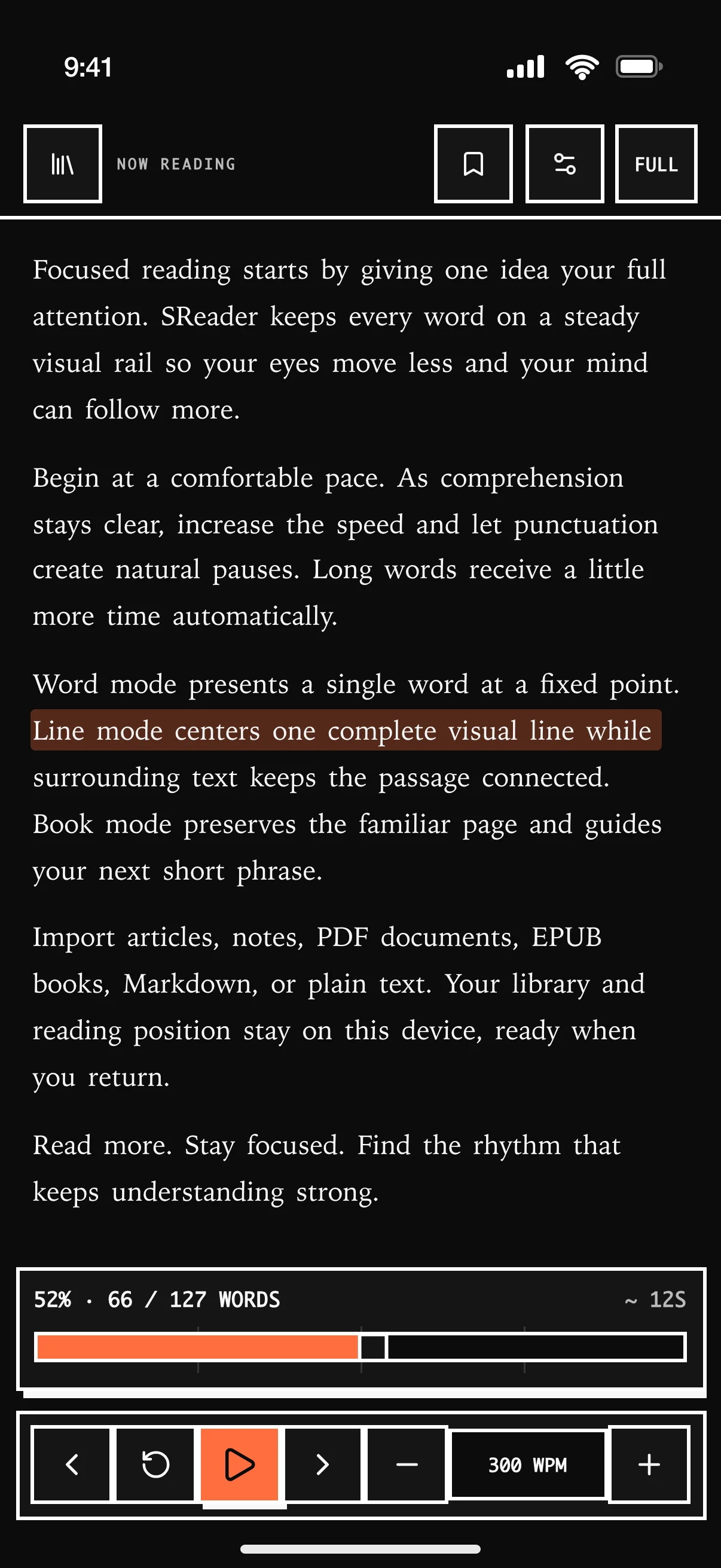 SReader on iPhone in line mode: the top bar with library, bookmark, settings, and Full, the highlighted line held in the middle of the text, the progress rail, and the playback bar