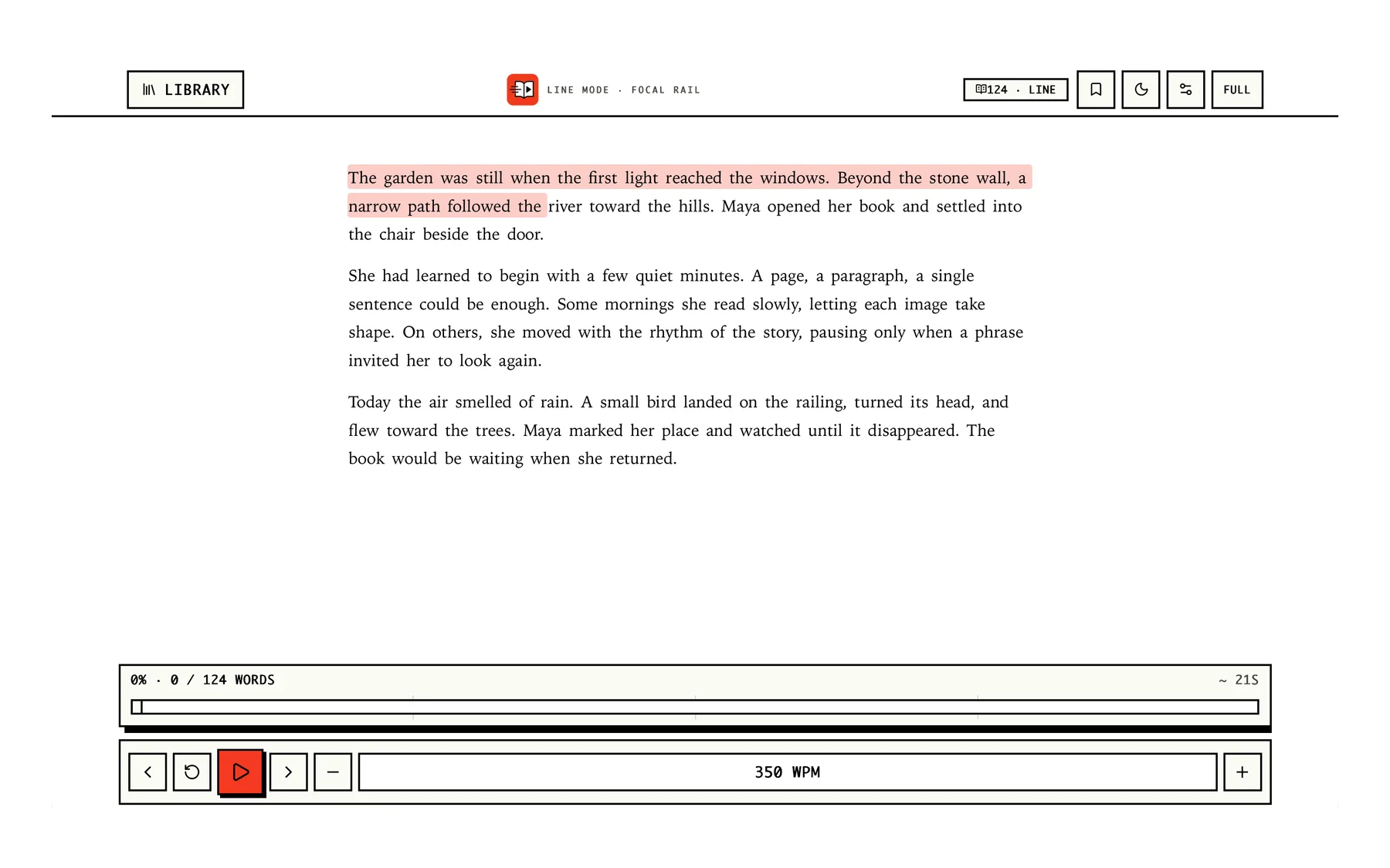 SReader on Mac in line mode, highlighting one line of a passage at 350 words per minute
