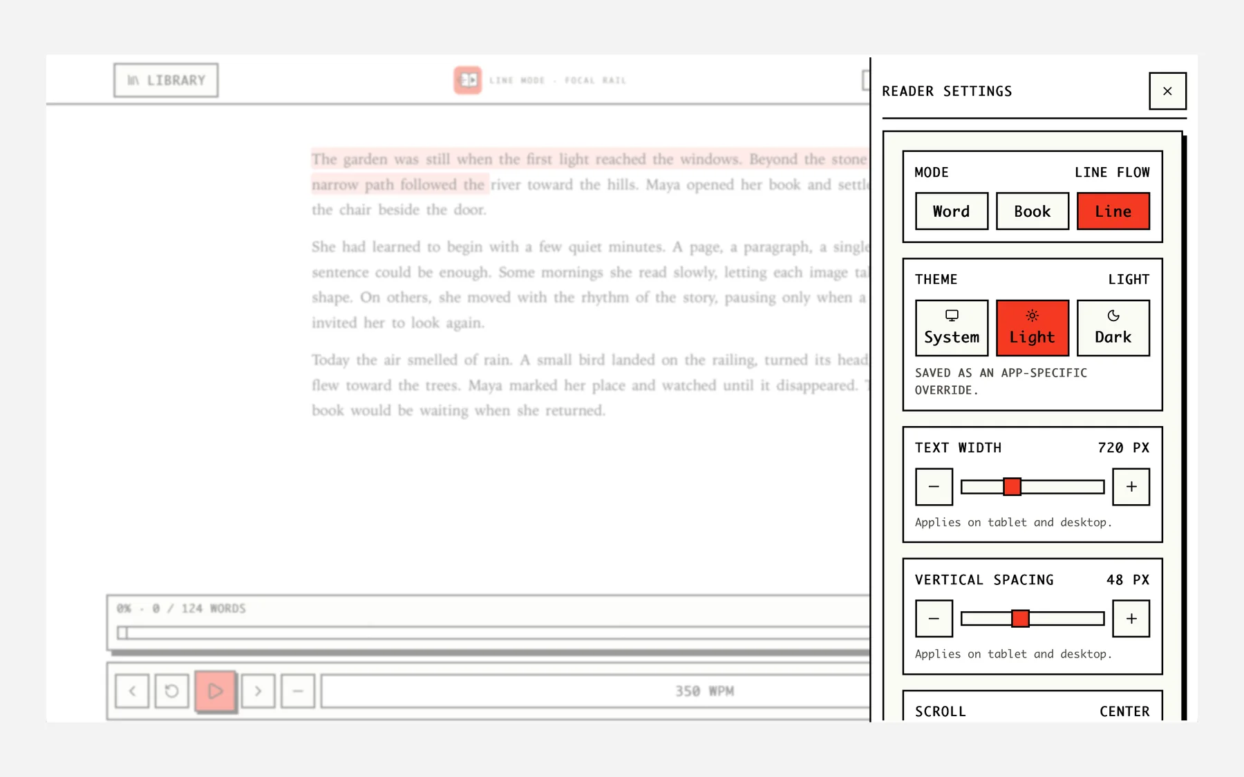 SReader reader settings on Mac with mode, theme, text width, and spacing controls