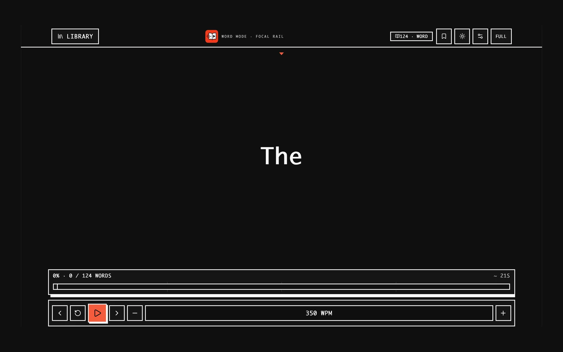 SReader on Mac in dark word mode showing a single word on a black page