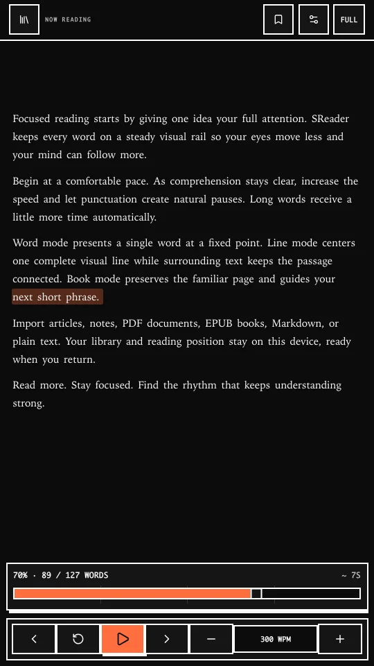 Book mode marking a three-word phrase inside a full page of text