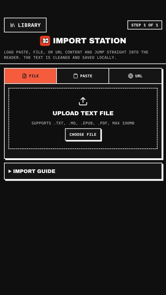 SReader import station with File, Paste, and URL tabs