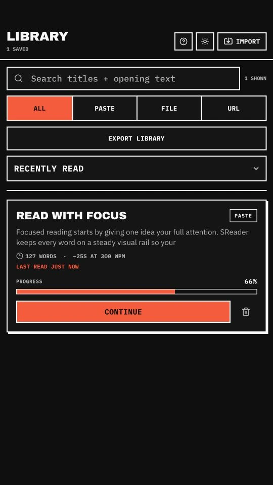 SReader library with a saved text at 66 percent and a Continue button