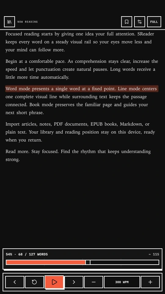Line mode with the highlighted line held in the middle of the screen inside a full page of text