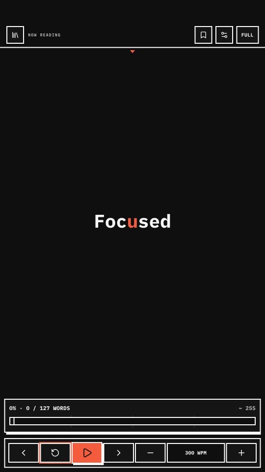 Word mode showing the single word Focused centered on a dark screen